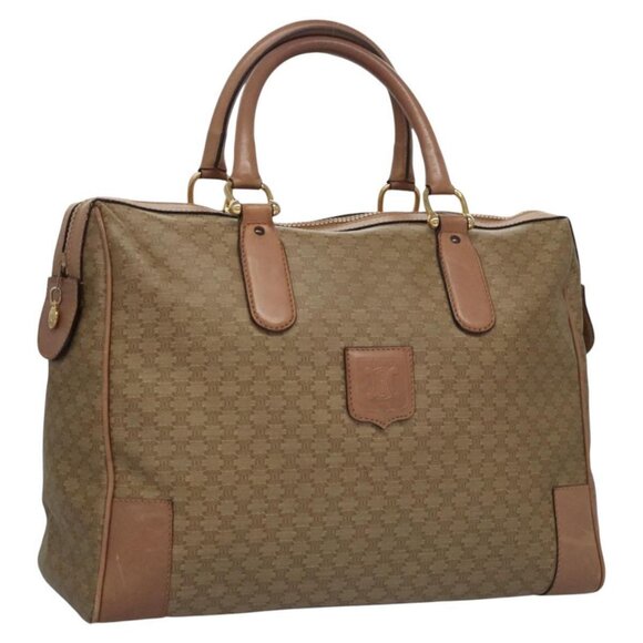 CELINE Macadam Canvas Boston Bag PVC Leather Beige Gold Auth bs21923 - Picture 1 of 14
